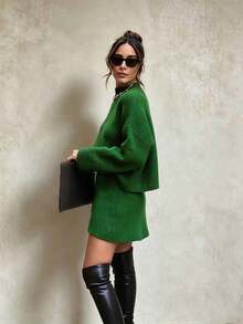 Women's Solid Color Mock Neck Long Sleeve Top + Elastic Waist Short Skirt – Fall Winter Simple Lazy Knit Skirt Set, Street Casual Matching Wear - Green - View 3