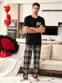 Conjunto de Pijama Unisex 2 Piezas, Camiseta de Manga Corta con Bolsillo y Pantalón Largo Estampado a Cuadros, Ropa de Dormir Casual para Hombre y Mujer - Negro - Ver 3