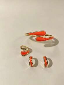 4pcs Fashion Exquisite Elegant Unique Minimalist Handmade Base Oil Geometric Water Drop Earrings Open Ring Spring Bracelet Multi-Functional Daily Decorative Accessories - Orange - View 4