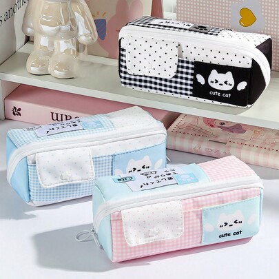 Estuche de lápices con lunares de gatito, bolsa de lápices para estudiantes, bolsa de lápices con diseño de gato lindo