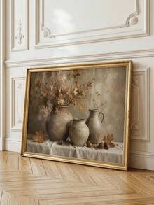 1pc Canvas Wall Art, Framed Wall Decor, Vintage Country Style Autumn Still Life Canvas Painting, Autumn Maple Leaves Ceramic Vase Acorns Pastoral Oil Painting Decor, Warm Earth Tone Comfortable Neutral Aesthetic Wall Decoration - Retro Art - View 7