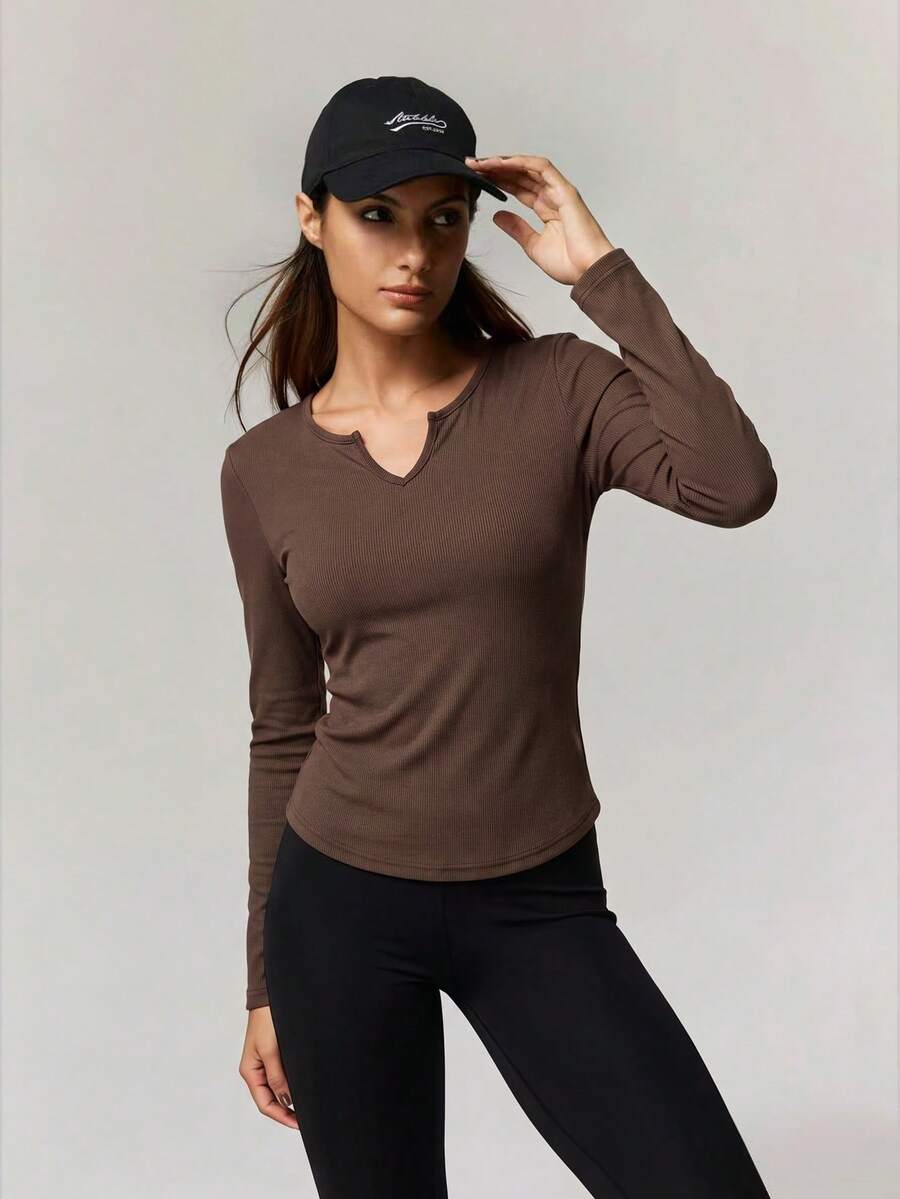 Women's Fitness Yoga Top, Quick-Dry Sports Shirt, Suitable For Running, Gym Workouts, Elastic Compression Base Layer, Spring Activewear - Coffee Brown - View 1