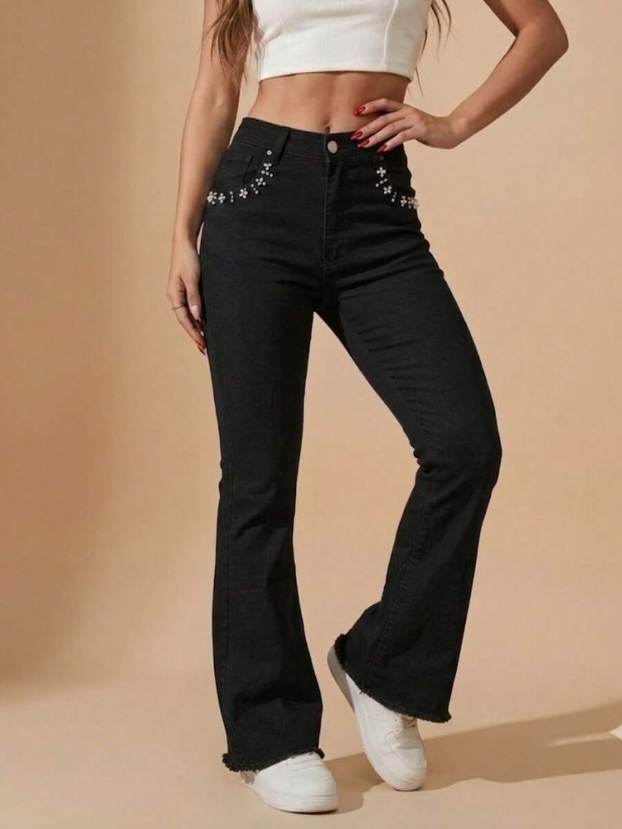 pthirillo Women Jeans - Rhinestone and Pearl Floral Trio Bag - View 1
