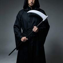 Adult Halloween Grim Reaper Costume Set, Black Hooded Cloak, Party Masquerade Role Play Decoration Props Set - Multicolor - View 7