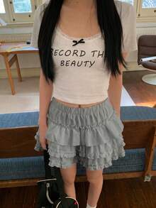 奶油白荷葉邊飾女款夏季芭蕾風高腰顯瘦蓬蓬蛋糕裙 - 灰色 - 查看 3