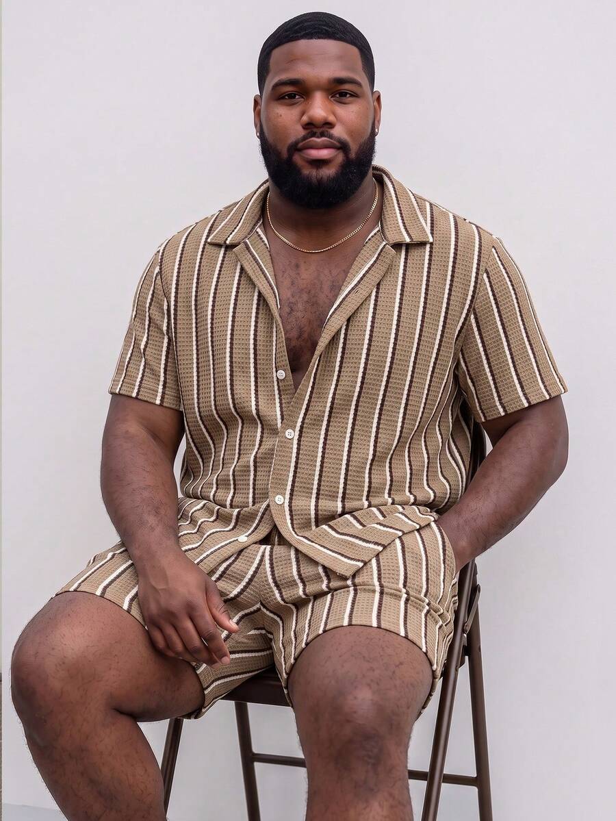 Men's Summer New Knit Random Striped Texture Collared Short Sleeve Shirt With Matching Drawstring Shorts Plus Size 2-Piece Set - Coffee Brown - View 1
