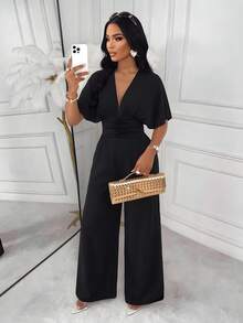 AIJ Autumn Elegant Black Knit Long Jumpsuit, Deep V-Neck Short Sleeve, Ruched Pleated Detail On Chest Summer - Fixed Black - View 7