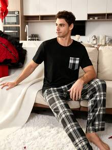 Conjunto de Pijama Unisex 2 Piezas, Camiseta de Manga Corta con Bolsillo y Pantalón Largo Estampado a Cuadros, Ropa de Dormir Casual para Hombre y Mujer - Negro - Ver 2