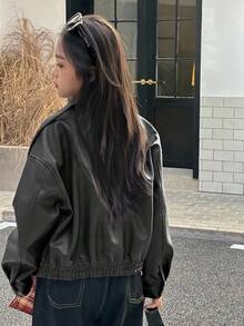 Girls' Solid Color Drop Shoulder Long Sleeve Zipper Front PU Leather Loose Casual Jacket Spring Autumn - Black - View 3
