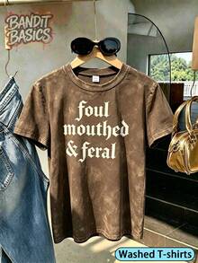 100% Cotton Crop Top T-Shirt With Gothic Lettering Foul Mouthed  , On Wooden Hanger, Glasses, Blue Jeans, Indoor Staircase, Vacation Outfitswomen - 水洗-棕色 - 查看 1