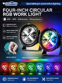 GLANBERT 2 đèn LED tròn laser 4 inch 40W off-road chiếu điểm và chiếu rộng với vòng halo RGB, 7 màu đơn sắc, 15+ chế độ nhấp nháy, kèm bộ dây điện và công tắc - Đèn nền RGB bảy màu - Xem 3