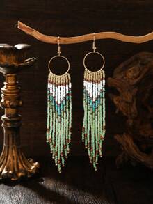 SOUL BEADING أقراط شرابات خرزية مصنوعة يدويًا، بأسلوب بوهيمي، بأسلوب عطلة عتيق، حلقة معدنية، نمط هندسي متدرج، شرابات طويلة باللون الأخضر والأزرق، مناسبة للارتداء اليومي، أسلوب متعدد الاستخدامات، ارتداء في جميع الفصول، هدية - شرابات مزينة بالخرز - مشاهدة 3