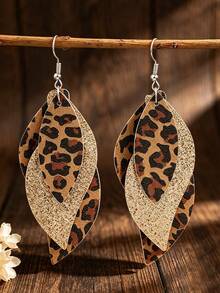 1 Pair New Vintage Leopard Print Layered Faux Leather Sequins Earrings - Leopard - View 6