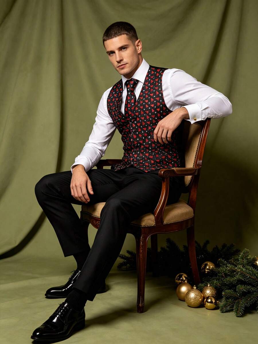 1 Set Christmas Tree Pattern Men's Vest + 1 Necktie + 1 Handkerchief + 1 Pair Cufflinks - Multicolor - View 1