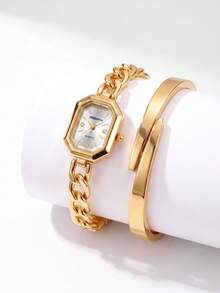 REBIRTH 2pcs Set Fashionable Minimalist Bracelet And Watch, Casual Versatile Daily Wear Accessory Set - Gold - View 4