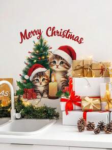 Cute Christmas Cartoon Cat Wall Stickers, Kitten Christmas Tree Gift Box Patterns, Self-Adhesive And Removable Wall Decals, Suitable For Fridge, Cabinet Doors, Living Room, And Bedroom, DIY Soft Decoration For Home Parties At Christmas - Wall Stickers - View 2