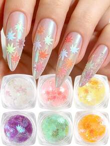 Laser Holographic Iridescent Maple Leaf Nail Sequins, Autumn Maple Leaf Nail Glitter Flakes, Colorful Fall Leaf Confetti Nail Art Decorations, Thanksgiving Autumn Theme Nail Charms DIY Manicure Supplies For Nail Salon & Beginners - Multicolor - View 2