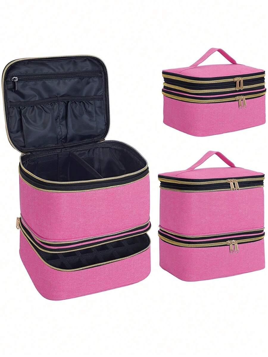 Organizador de Esmalte de Uñas de Mano de Doble Capa, Bolsa Organizadora de Cosméticos para Niñas y Mujeres, Arte de Uñas, Aceites Esenciales, Juego de Cosméticos, Uso Diario y de Viaje - 02 Rojo Rosa - Ver 1