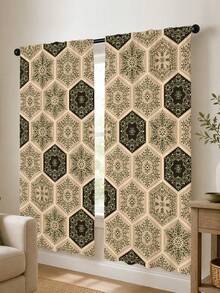 2PCS, Bohemian Hexagonal Floral Curtains, Vintage Mandala Tile Pattern Window Fabric, Pastoral Bohemian Style Living Room Bedroom Kitchen Decor - Multicolor - View 6