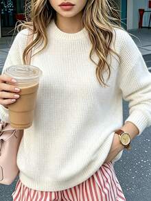 Women's Round Neck Ribbed Knit Sweater, Drop Shoulder Long Sleeve Loose Soft Fabric Autumn Casual Oversized Pullover - White - View 5