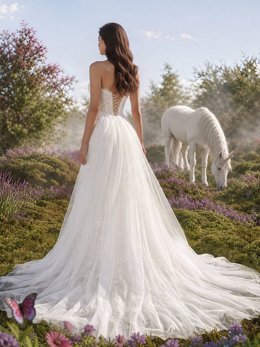 HEARBOBO Heavy Lace Sleeveless Strapless Vintage Mermaid Long Dress With Tulle Wedding Dresses For Bride White Fall