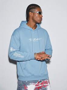Modcrash Men's Casual Fashionable Versatile Daily Commute Simple Slogan Print Kangaroo Pocket Drawstring Hoodie, Autumn/Winter - Baby Blue - View 4