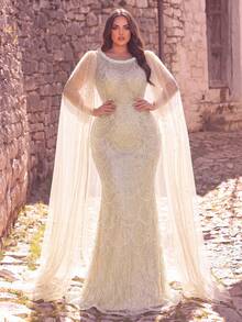 Plus Size Formal Gown With Beaded Sequins And Pearl Details On A Mermaid Silhouette With Extra-Long Cloak Sleeves, And Tie Back For Party Or Event - Champagne - View 4