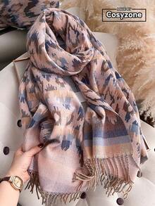 1pc Faux Cashmere Geometric Pattern Jacquard Warm Scarf For Women, Autumn/Winter Bohemian Style Vacation Travel Cold-Proof Decorative Tassel Scarf/Shawl Dual Use - Pink - View 1