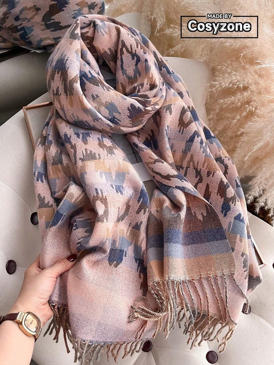 1pc Faux Cashmere Geometric Pattern Jacquard Warm Scarf For Women, Autumn/Winter Bohemian Style Vacation Travel Cold-Proof Decorative Tassel Scarf/Shawl Dual Use - Pink - View 1
