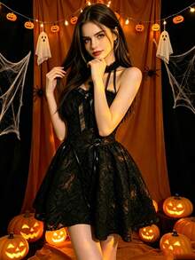 Dress 1, Gothic Lolita Spaghetti Strap Dress With Corset And Bow Decoration, Black Lace Mini Party Dress, Suitable For Cosplay Fall - Black - View 4