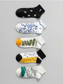 1/5 pares de calcetines para hombres y adolescentes, multicolor aleatorio, para todas las estaciones, con patrón de rana de garabato de línea digital, moda personalizada versátil, suaves, cómodos y transpirables, calcetines cortos casuales para deportes y streetwear - Multicolor - Ver 3