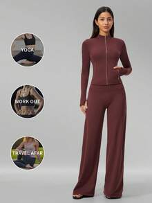 MFVIM 女款多功能瑜伽套裝,親膚柔軟修身夾克 + 寬腿休閒百搭長褲 - 酒紅色 - 查看 6