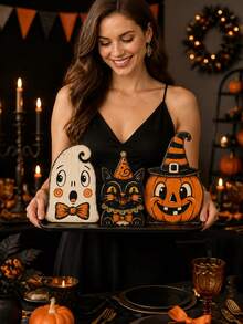 3pcs/1pc Vintage Wooden Halloween Tiered Tray Decor, Ghost Cat Pumpkin Desktop Ornament, Distressed Spooky Farmhouse Style Fireplace Window Sill Indoor Autumn Holiday Decoration - Multi-color - View 8