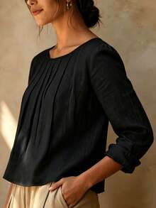 Women's Elegant Pleated Long Sleeve Blouse, Regular Fit Solid Color Top, Suitable For Spring And Autumn Wear, Vintage Style Regular Hem Top - Black - View 3