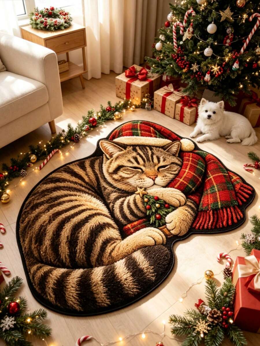 1pc Plaid Christmas Hat Tassel Sleeping Tabby Cat Decorative Rug, Living Room Carpet, Bedside Plush Rug, Autumn/Winter Rug, Thick Rug, Large Living Room Carpet, Bedroom Rug, Living Room Home Decor, Outdoor Rug, Washable Rug - Multicolor - View 1