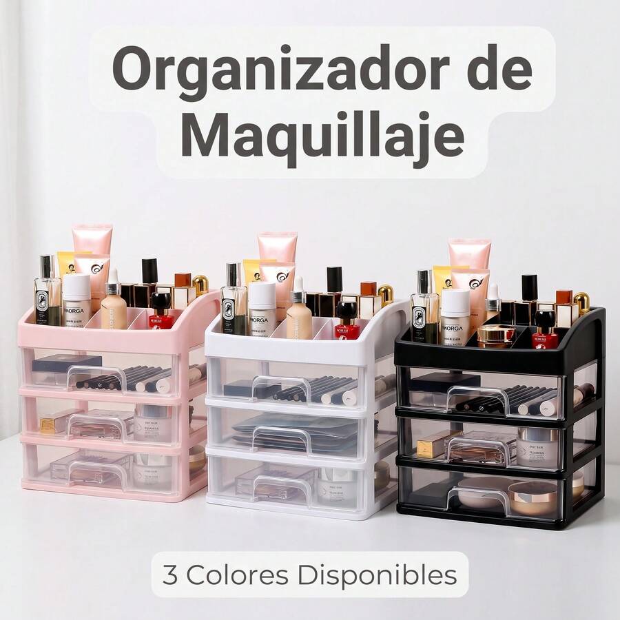 Organizador de Maquillaje FICZOY con 3 Cajones Transparentes, Almacenador de Cosméticos Multicompartimento para Tocador, 3 Colores Disponibles