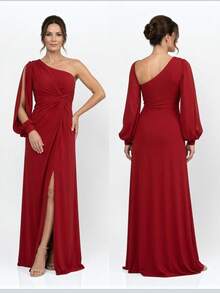 Long Sleeve Maxi Dress For Bridesmaid, Wedding, Graduation, Party, Lightweight - 紅色 - 查看 2
