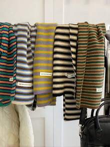 1pc Rainbow Striped Casual Polyester Knitted Scarf, Warm And Skin-Friendly For Autumn/Winter, Perfect Gift For Girlfriend Or Best Friend, Suitable For Outdoor Wear - Multicolor - View 4