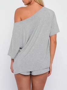 Women Summer Pajama Set Solid Color Off Shoulder Short Sleeve Tops And Mini Shorts 2 Piece Lounge Outfit - Grey - View 4