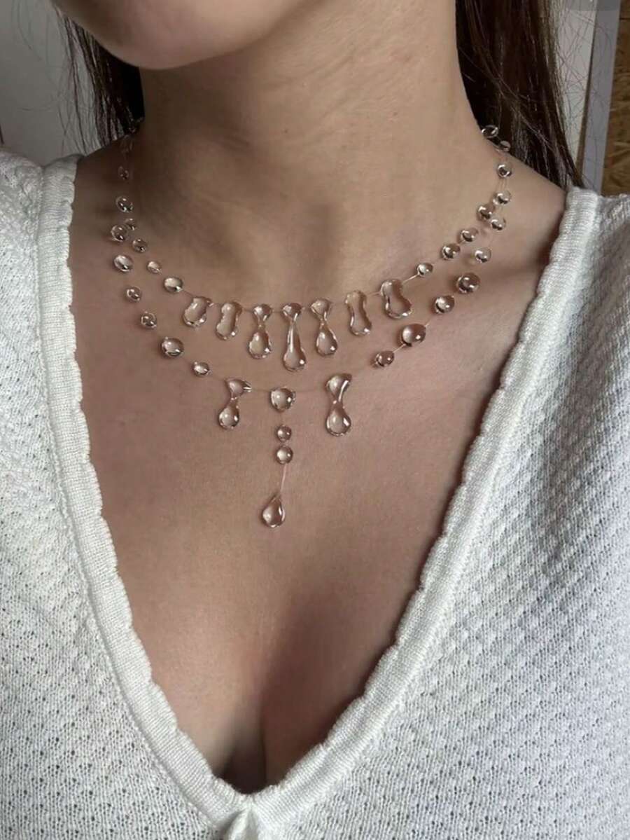 1 buah Kalung Multilayer Bentuk Tetesan Air Embun Imitasi yang Elegan dan Cantik, Cocok untuk Pemakaian Sehari-hari Wanita, Kencan, Pesta, dan Hadiah untuk Orang Tercinta - Clear - View 1