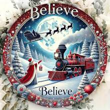 2D Flat Printed Metal Iron Sign, 1pc "Believe" Christmas Train Wreath Metal Sign, 8x8 Inches, Wall Hanging Decor, Multi-Purpose Vintage Artwork With English Text, Suitable For Home, Holiday, Door Hanging Decoration, 2D Flat - 1PC - View 4