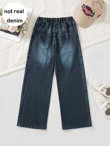 Girls' Casual Fashion Bow Print Elastic Waist Straight Leg Pants, Versatile For Daily Wear And Outings, Spring/Autumn - Dark Wash - View 3