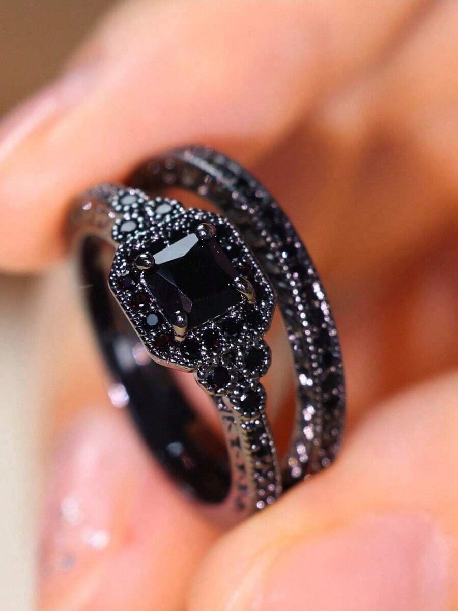 1 Set Of 2 Fashionable Rings With Artificial Cubic Zirconia Inlay, Unique And Personal Black Tone Wedding Proposal, Engagement, And Wedding Rings Presents For Friends - Black - View 1