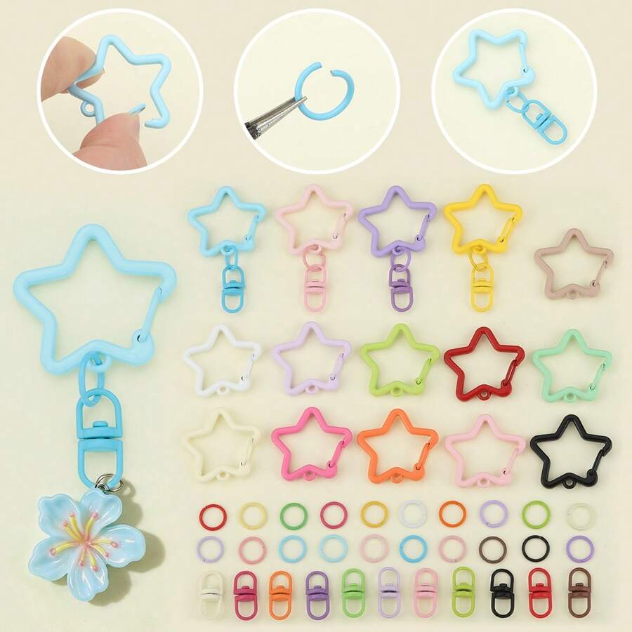 65pcs DIY Keychain Making Kit, Random Mixed Colors, Includes 50pcs Open Jump Rings, 10pcs Swivel Lobster Clasps, 5pcs Star-Shaped Spring Clasps, Suitable For DIY Doll Keychain, Bag Charm, Car Key Chain, Portable Hook Accessories, Keychain Making Materials, DIY Keychain Accessories - Accessory Set - View 1