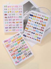 50 Pairs Mixed Color Cartoon Rhinestone Star, Music Note, Bow, Heart Plastic Stud Earrings Set, Suitable For Girls Birthday Party Or Gift - Multicolor - View 2
