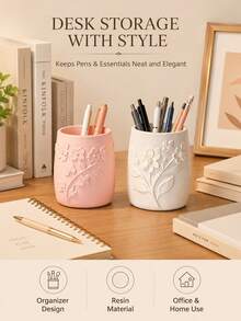 Relief Floral Makeup Brush Holder, Easy Ins Style Desktop Pen Holder, Bedroom Vanity Beauty Tool Storage Box - Multicolor - View 3