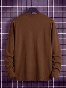 Casual Men's Home Wear Long Sleeve T-Shirt And Shorts 2 Pieces Set, Daily Loungewear Pajama Set - Brown - View 4