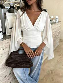 RNU Women Elegant V‑Neck Flare Mesh Sleeve Crop Top, Ruched Slim Fit Sheer Blouse For Holiday Festival Party - White - View 10