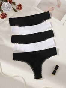 5pcs Black & White Bow Ribbed Cotton Women's Thong Panties - Black and White - View 1