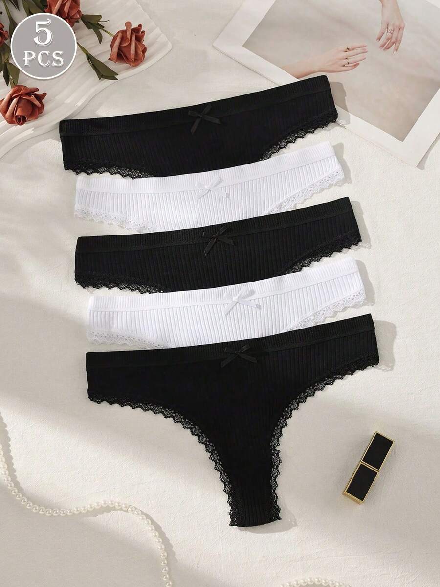 5pcs Black & White Bow Ribbed Cotton Women's Thong Panties - Black and White - View 1